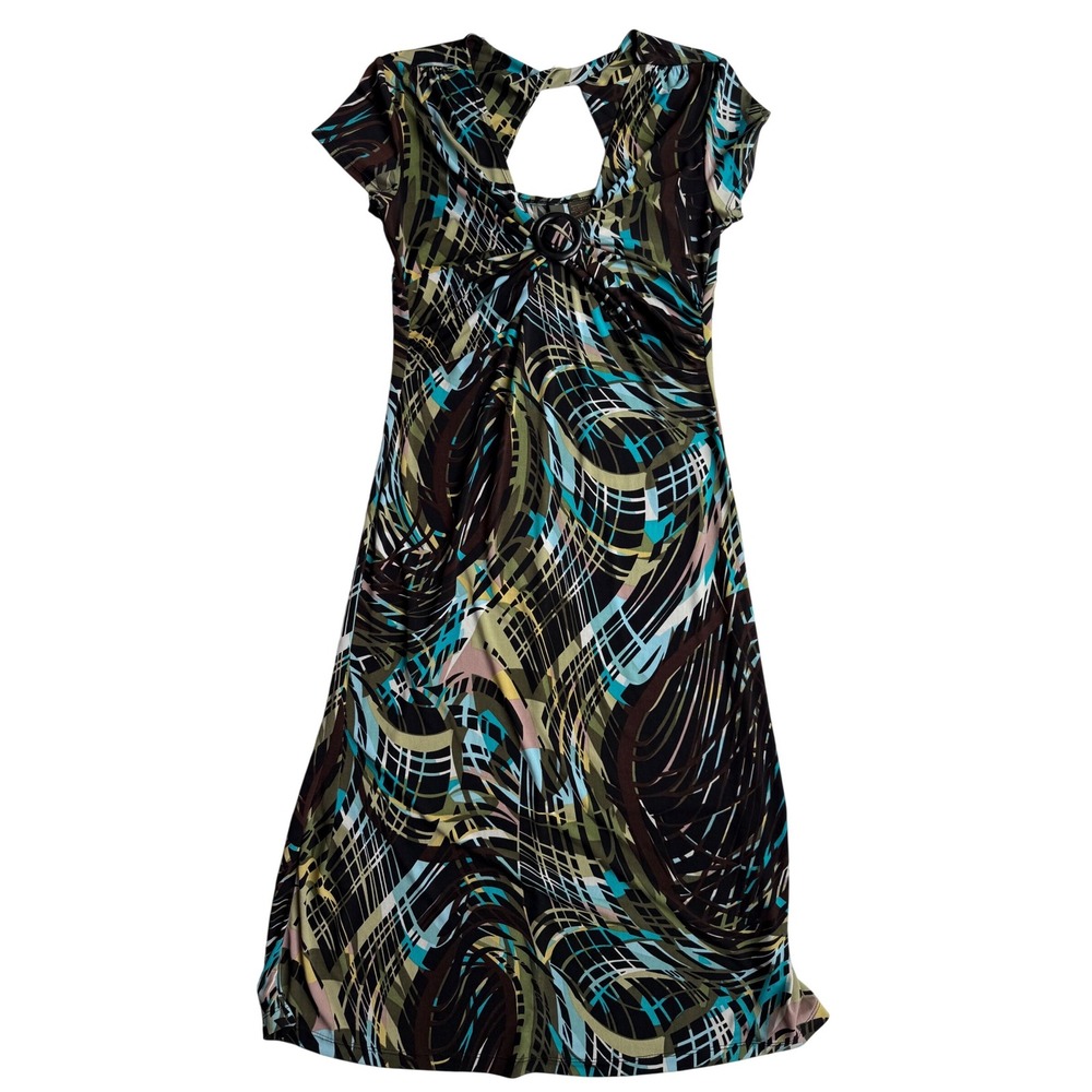 Serenade New York Abstract Print Midi Dress Cap Sleeve Keyhole Neck Green Small